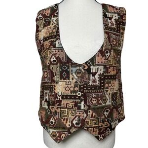 VTG 90s ZEN Tapestry Vest Womens Medium Geometric Ethnic Boho Academia Cottage